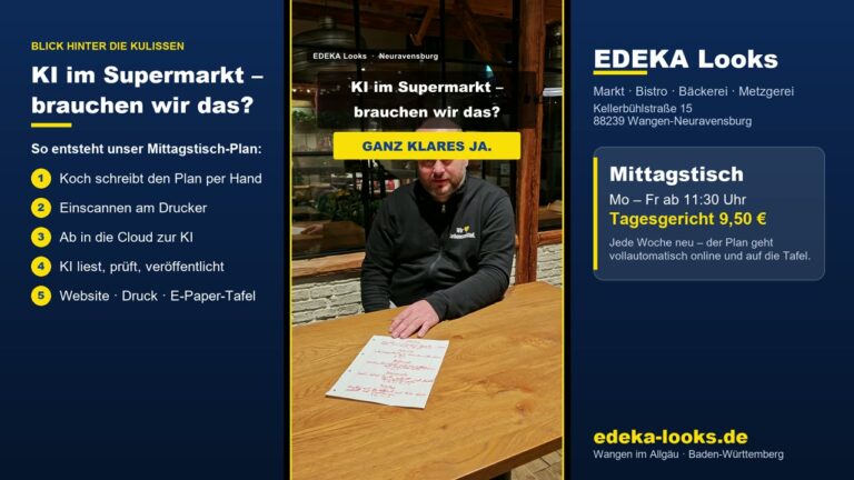 Videobild mit Karsten Looks im Markt-Bistro, links die fünf Schritte vom handgeschriebenen Plan bis zur E-Paper-Tafel, rechts Mittagstisch Mo–Fr ab 11:30 Uhr, Tagesgericht 9,50 Euro