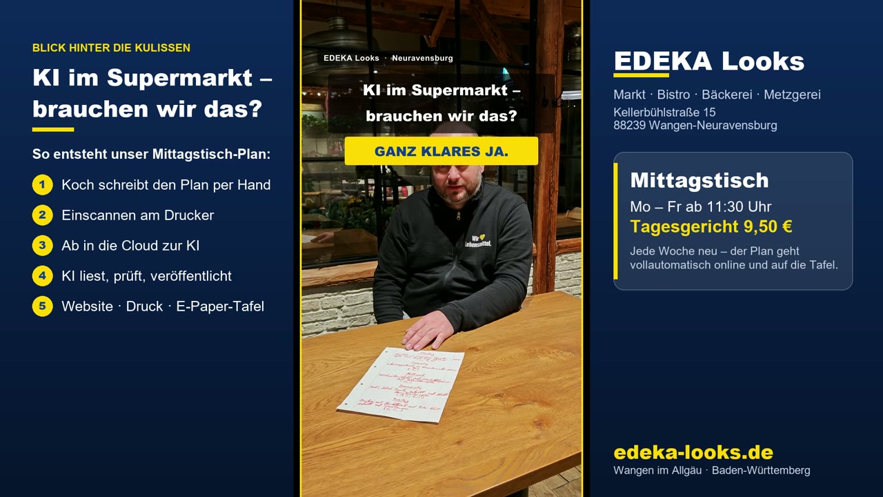 Videobild mit Karsten Looks im Markt-Bistro, links die fünf Schritte vom handgeschriebenen Plan bis zur E-Paper-Tafel, rechts Mittagstisch Mo–Fr ab 11:30 Uhr, Tagesgericht 9,50 Euro