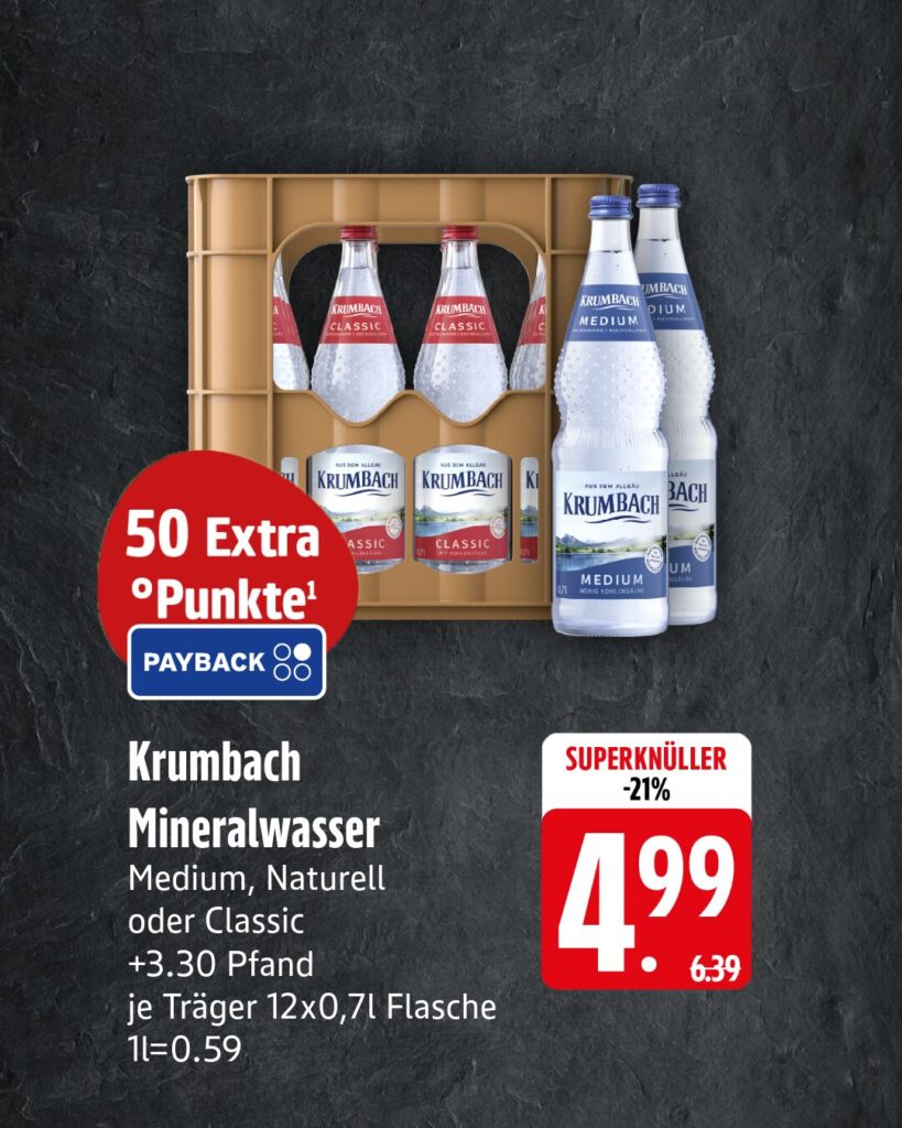 Superknüller KW 44: Krumbach Mineralwasser Medium, Naturell oder Classic, je Träger 12x0,7l Flasche für 4,99 € zzgl. 3,30 € Pfand