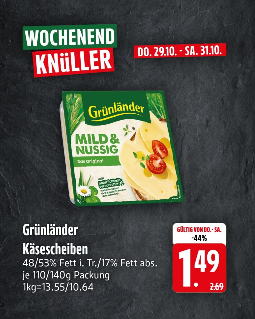 Wochenendknüller KW 44: Grünländer Käsescheiben, je 110/140g Packung für 1,49 €