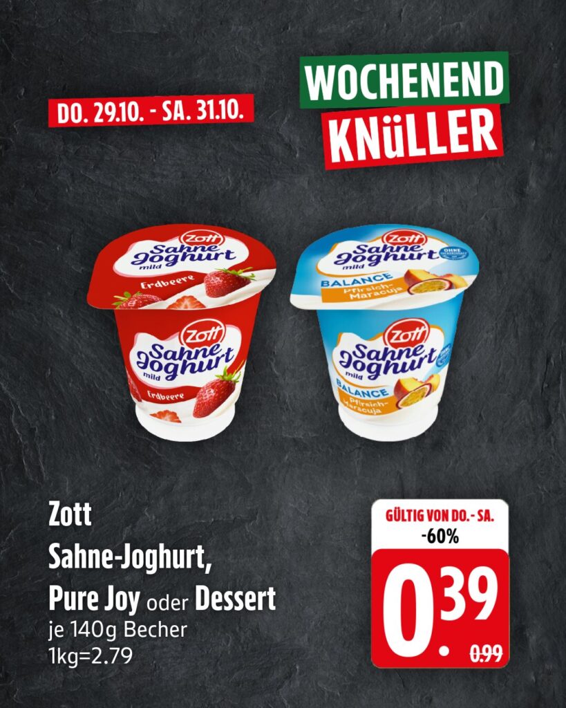 Wochenendknüller KW 44: Zott Sahne-Joghurt, Pure Joy oder Dessert, je 140g Becher für 0,39 €